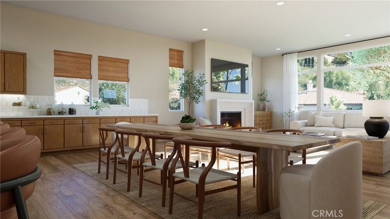 Dining room, Fireplace, Interior, Living room, Recessed Lighting, Wood Texture Flooring