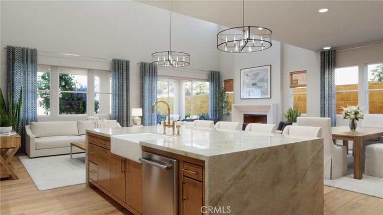 Dining room, Fireplace, Interior, Kitchen, Living room, Pendant Lights, Recessed Lighting, Stainless Steel Appliances, Wood Texture Flooring