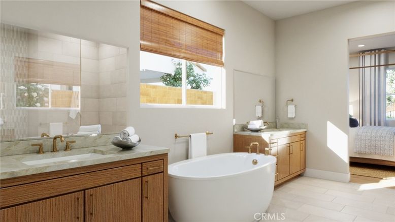 Bathroom, Dual Sink Vanities, Free Standing Baths, Interior, Recessed Lighting, Wood Texture Flooring