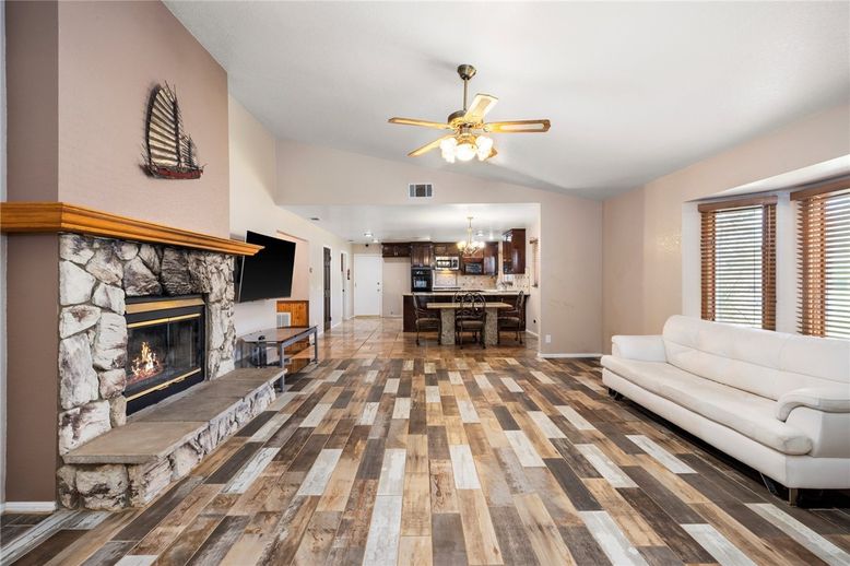 Chandelier, Dining room, Fireplace, Interior, Wood Texture Flooring