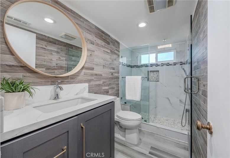 Bathroom, Glass Shower, Interior, Marble Walls, Recessed Lighting
