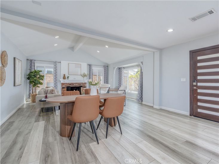 Dining room, Fireplace, Interior, Recessed Lighting, Wood Texture Flooring