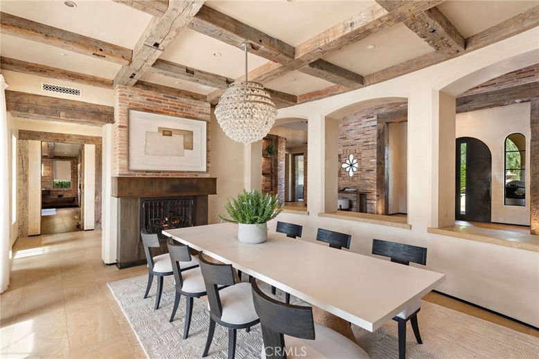 Chandelier, Dining room, Fireplace, Interior, Recessed Lighting, Wooden Beams