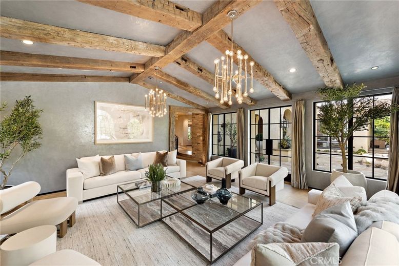 Chandelier, Interior, Living room, Recessed Lighting, Wooden Beams