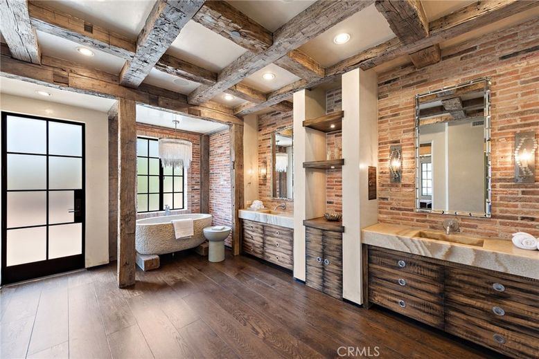 Bathroom, Dual Sink Vanities, Free Standing Baths, Interior, Recessed Lighting, Stone Walls, Wooden Beams, Wood Texture Flooring