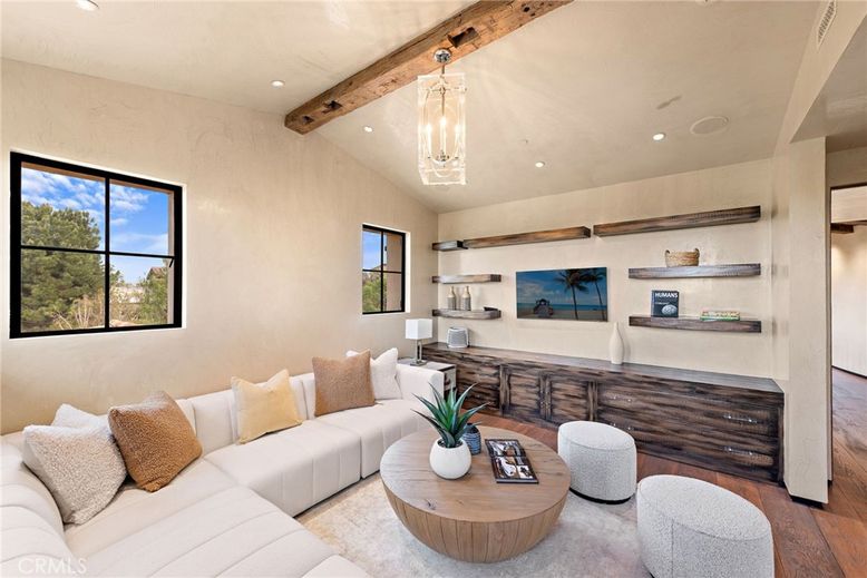 Interior, Living room, Pendant Lights, Recessed Lighting, Wooden Beams, Wood Texture Flooring