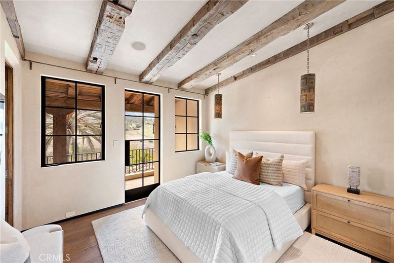 Bedroom, Interior, Pendant Lights, Wooden Beams, Wood Texture Flooring