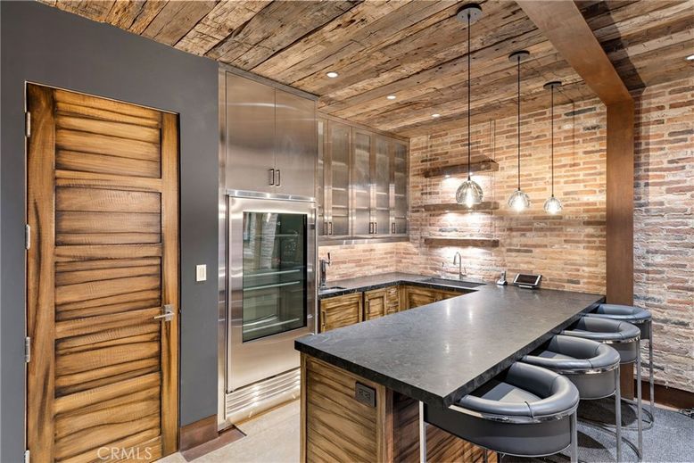 Interior, Kitchen, Pendant Lights, Recessed Lighting, Stainless Steel Appliances, Stone Walls, Wooden Ceilings, Wood Texture Flooring, Wooden Walls