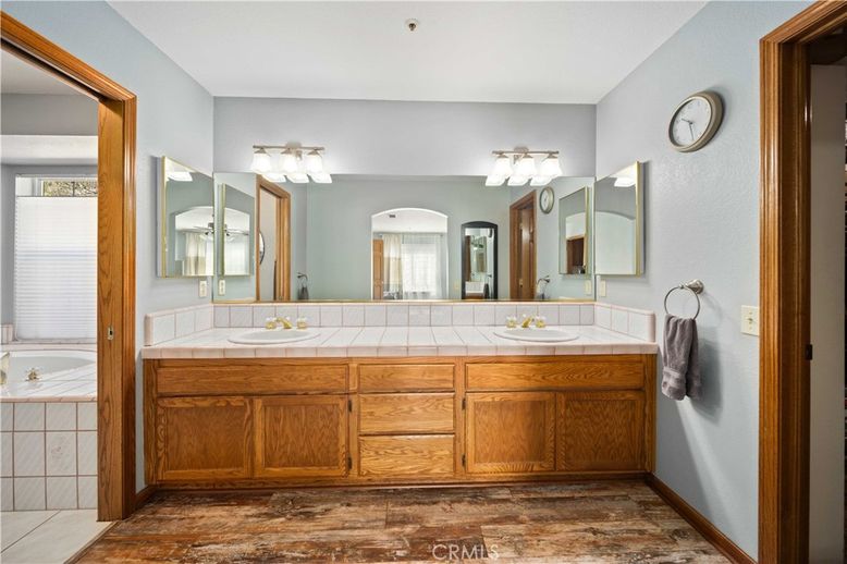 Bathroom, Dual Sink Vanities, Interior, Tile Countertops, Wood Texture Flooring