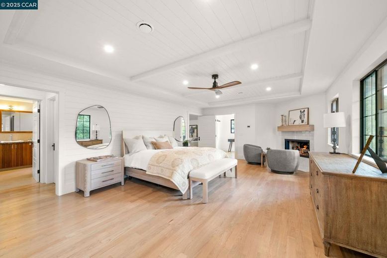 Bedroom, Fireplace, Interior, Recessed Lighting, Wood Texture Flooring