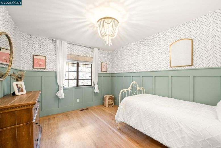 Bedroom, Chandelier, Interior, Wood Texture Flooring