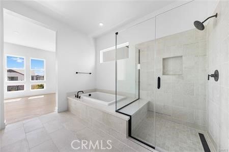Bathroom, Glass Shower, Interior, Recessed Lighting, Wood Texture Flooring
