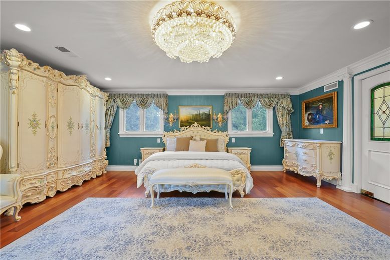 Bedroom, Chandelier, Interior, Recessed Lighting, Wood Texture Flooring
