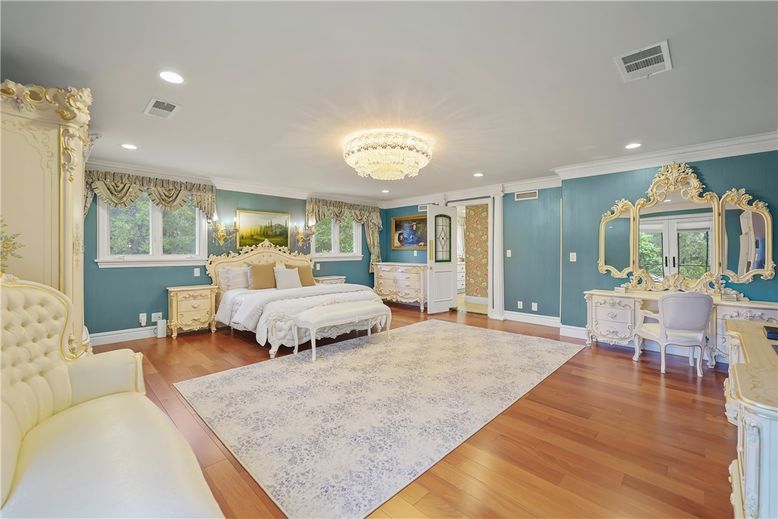 Bedroom, Chandelier, Interior, Recessed Lighting, Wood Texture Flooring