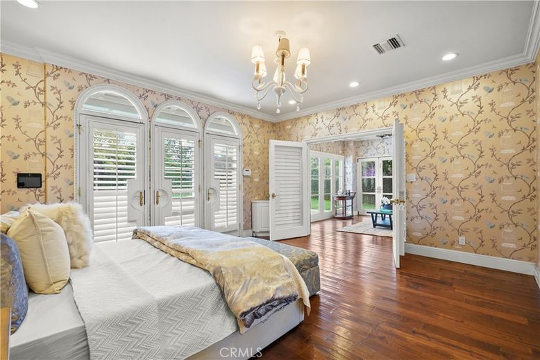 Bedroom, Chandelier, Interior, Recessed Lighting, Wood Texture Flooring