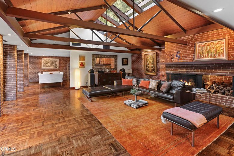 Fireplace, Interior, Living room, Recessed Lighting, Stone Walls, Wooden Beams, Wooden Ceilings, Wood Texture Flooring