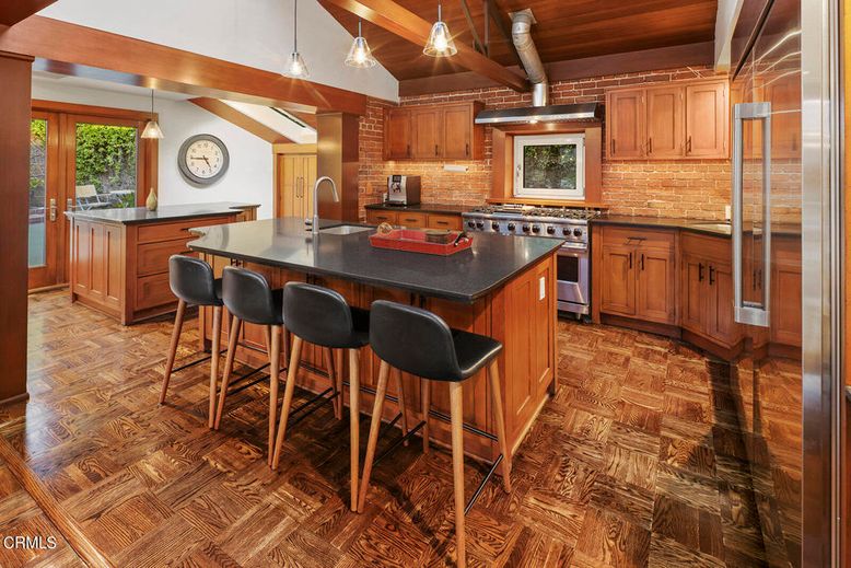 Interior, Kitchen, Pendant Lights, Stainless Steel Appliances, Wooden Beams, Wooden Ceilings, Wood Texture Flooring