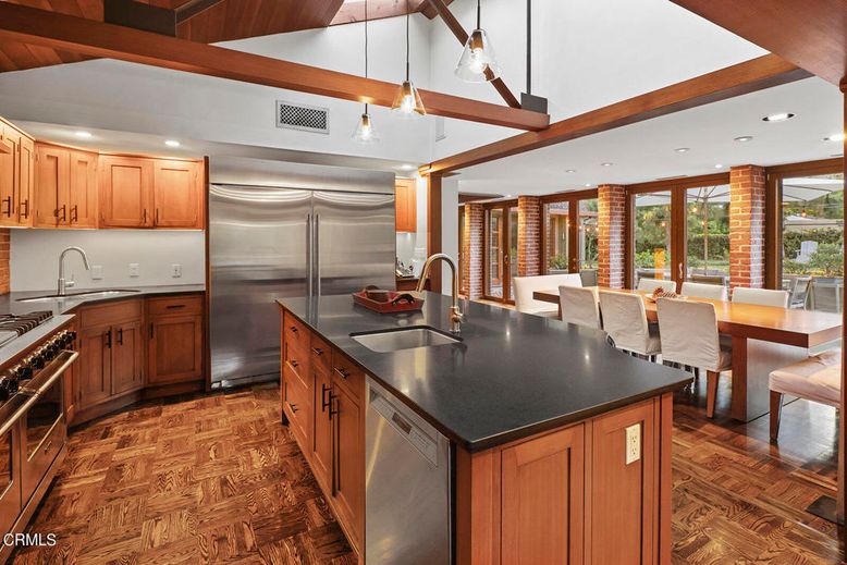 Dining room, Interior, Kitchen, Pendant Lights, Recessed Lighting, Stainless Steel Appliances, Wooden Beams, Wood Texture Flooring