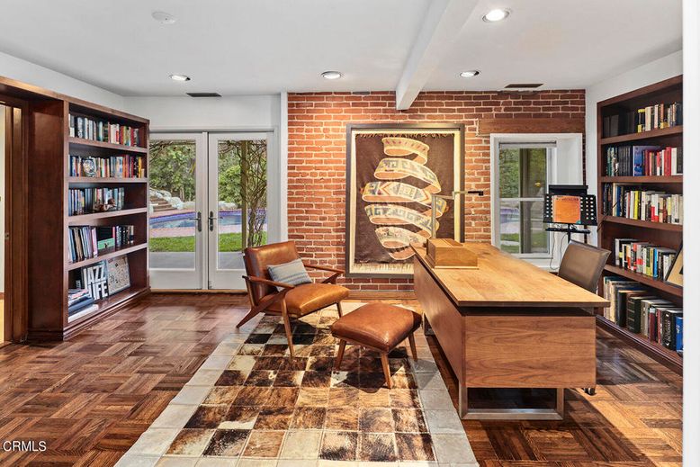 Home Office, Interior, Recessed Lighting, Stone Walls, Wood Texture Flooring