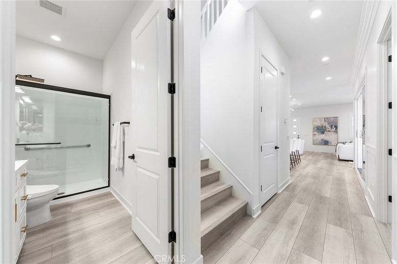 Bathroom, Glass Shower, Interior, Recessed Lighting, Wood Texture Flooring