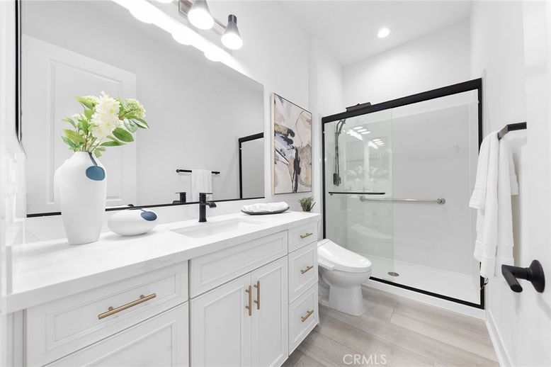 Bathroom, Glass Shower, Interior, Recessed Lighting, Wood Texture Flooring