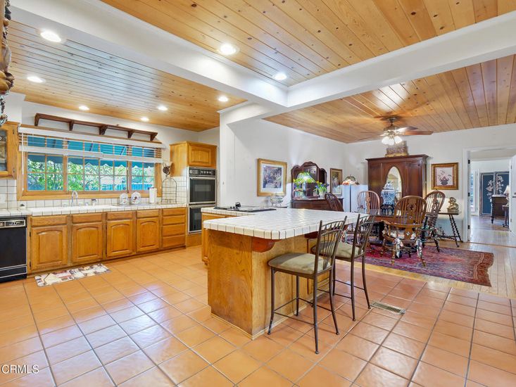 Dining room, Interior, Kitchen, Recessed Lighting, Tile Countertops, Wooden Ceilings