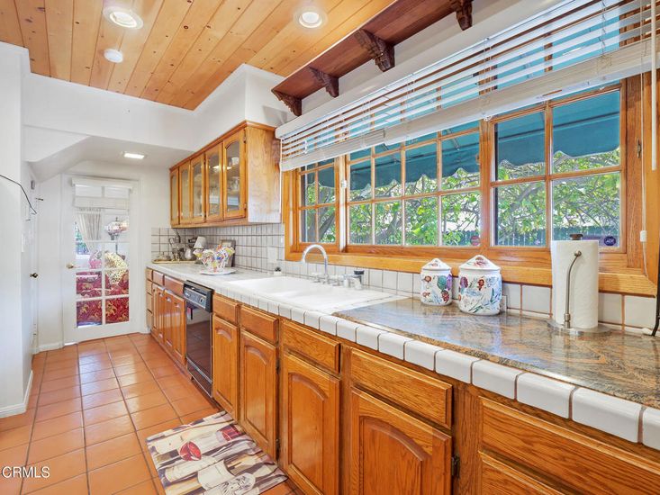 Interior, Kitchen, Recessed Lighting, Tile Countertops, Wooden Ceilings