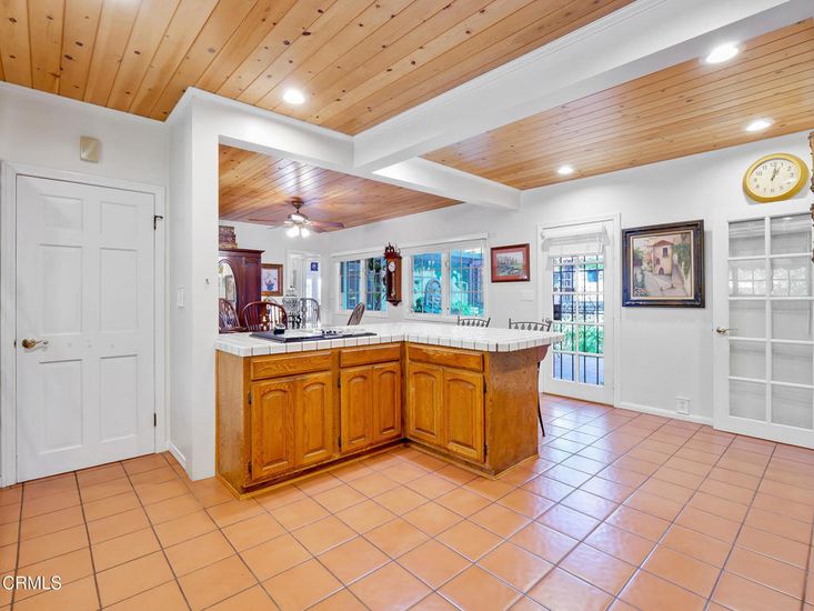 Interior, Kitchen, Recessed Lighting, Tile Countertops, Wooden Ceilings