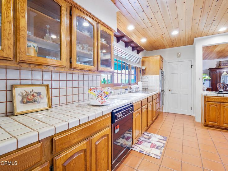Interior, Kitchen, Recessed Lighting, Tile Countertops, Wooden Ceilings