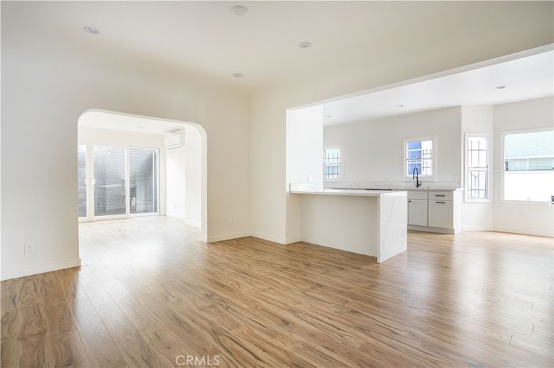 Empty room, Interior, Kitchen, Recessed Lighting, Wood Texture Flooring