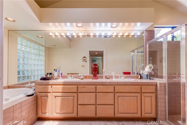 Bathroom, Dual Sink Vanities, Glass Shower, Interior, Recessed Lighting, Tile Countertops