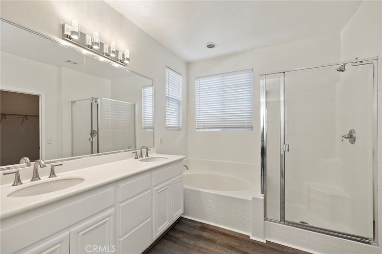 Bathroom, Dual Sink Vanities, Glass Shower, Interior, Wood Texture Flooring
