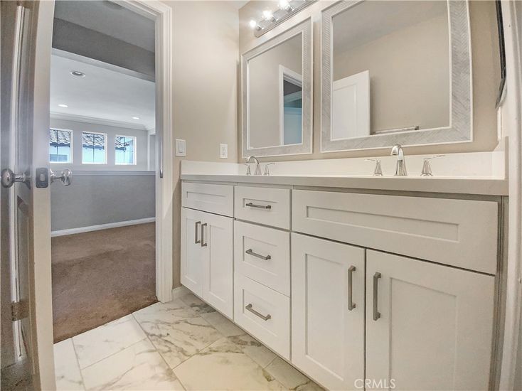 Bathroom, Dual Sink Vanities, Interior, Marble, Recessed Lighting