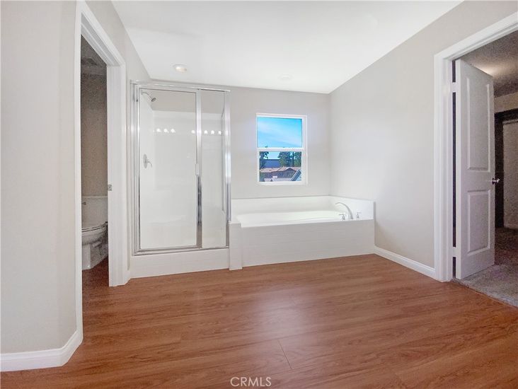 Bathroom, Glass Shower, Interior, Recessed Lighting, Wood Texture Flooring