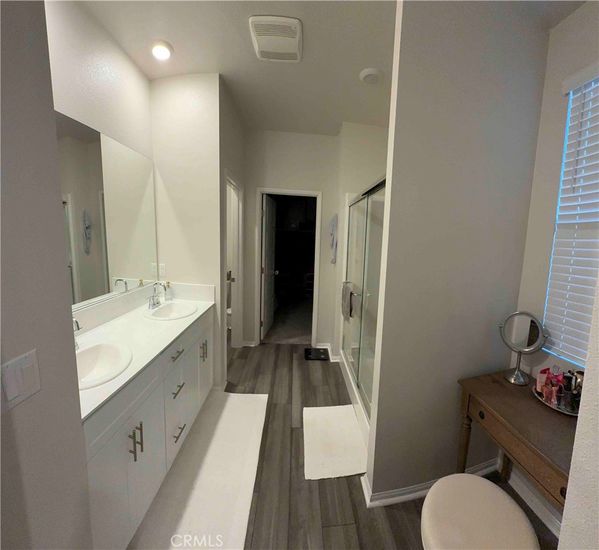 Bathroom, Dual Sink Vanities, Interior, Recessed Lighting, Wood Texture Flooring