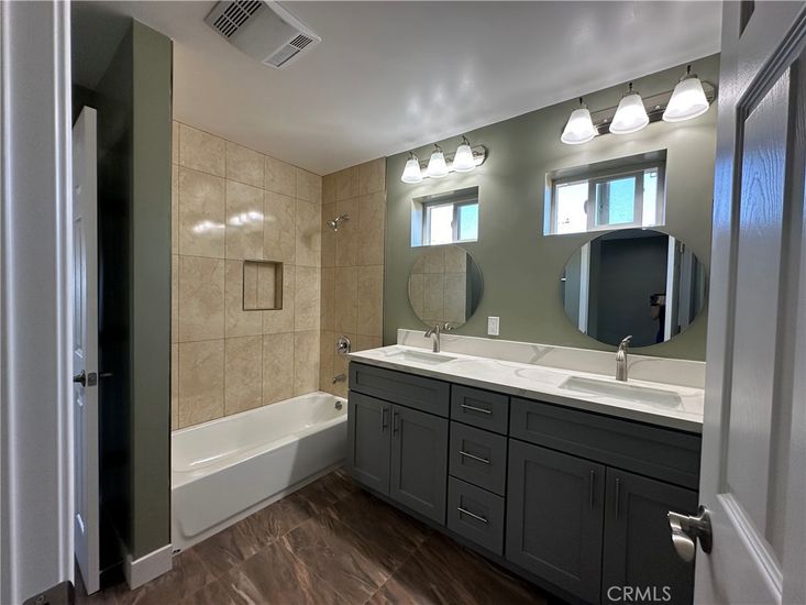Bathroom, Dual Sink Vanities, Glass Shower, Interior, Wood Texture Flooring