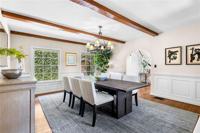 Chandelier, Dining room, Interior, Wooden Beams, Wood Texture Flooring