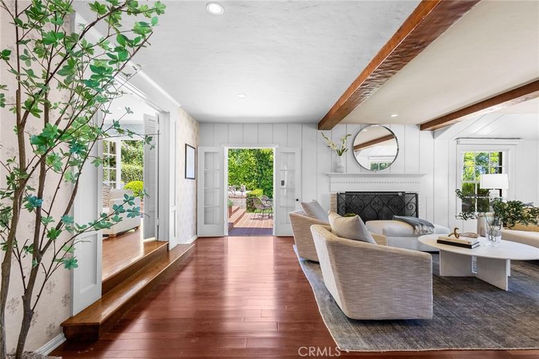 Fireplace, Interior, Living room, Recessed Lighting, Wooden Beams, Wood Texture Flooring
