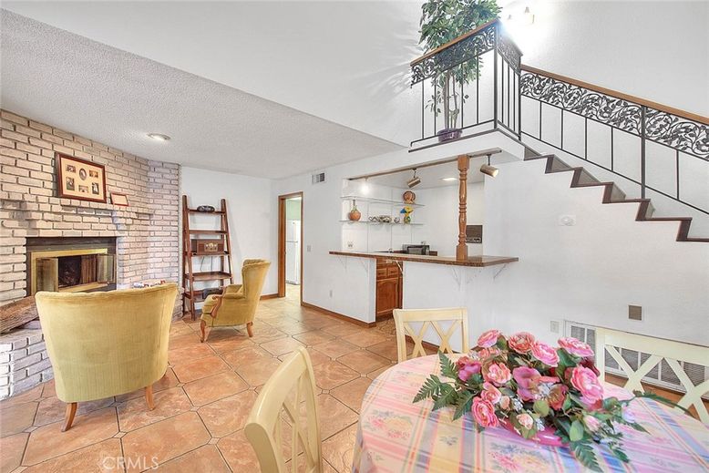 Dining room, Fireplace, Interior, Recessed Lighting, Stone Walls