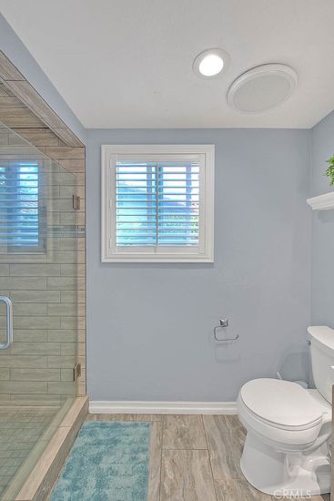 Bathroom, Glass Shower, Interior, Recessed Lighting, Wood Texture Flooring