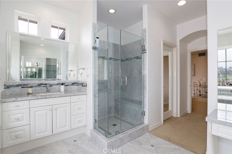 Bathroom, Glass Shower, Interior, Marble, Recessed Lighting