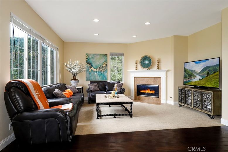 Fireplace, Interior, Living room, Recessed Lighting, Wood Texture Flooring
