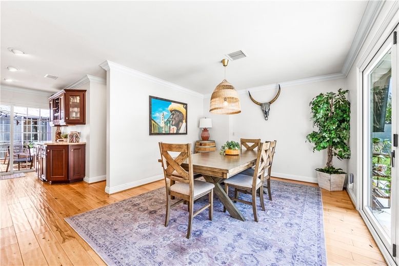 Dining room, Interior, Pendant Lights, Recessed Lighting, Wood Texture Flooring