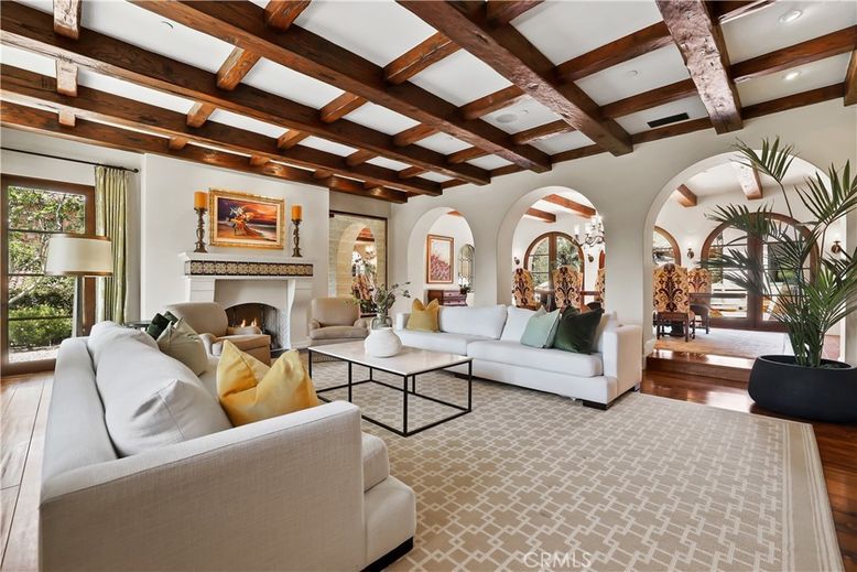 Fireplace, Interior, Living room, Recessed Lighting, Wooden Beams