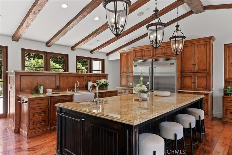 Interior, Kitchen, Pendant Lights, Recessed Lighting, Stainless Steel Appliances, Wooden Beams, Wood Texture Flooring