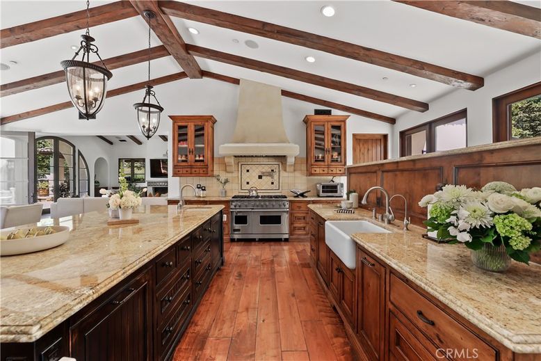 Interior, Kitchen, Pendant Lights, Recessed Lighting, Stainless Steel Appliances, Wooden Beams, Wood Texture Flooring