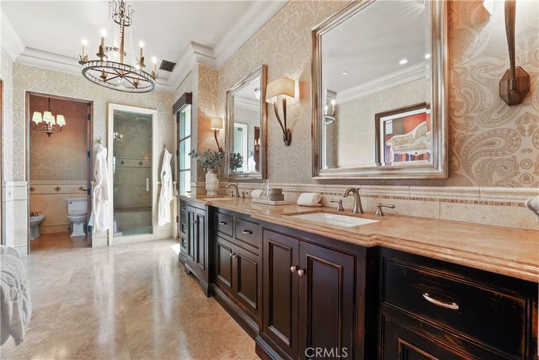 Bathroom, Chandelier, Dual Sink Vanities, Glass Shower, Interior, Recessed Lighting