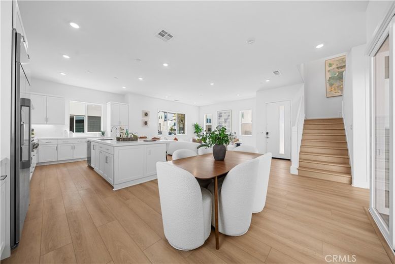 Dining room, Interior, Kitchen, Recessed Lighting, Stainless Steel Appliances, Wood Texture Flooring