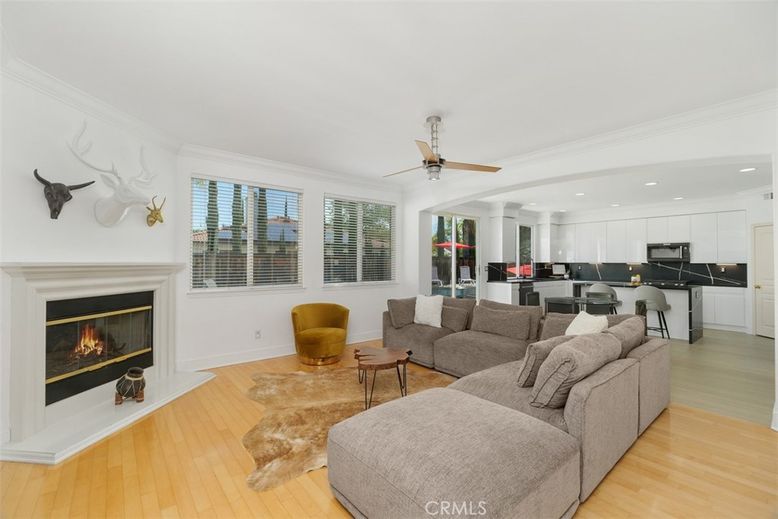 Fireplace, Interior, Kitchen, Living room, Recessed Lighting, Wood Texture Flooring