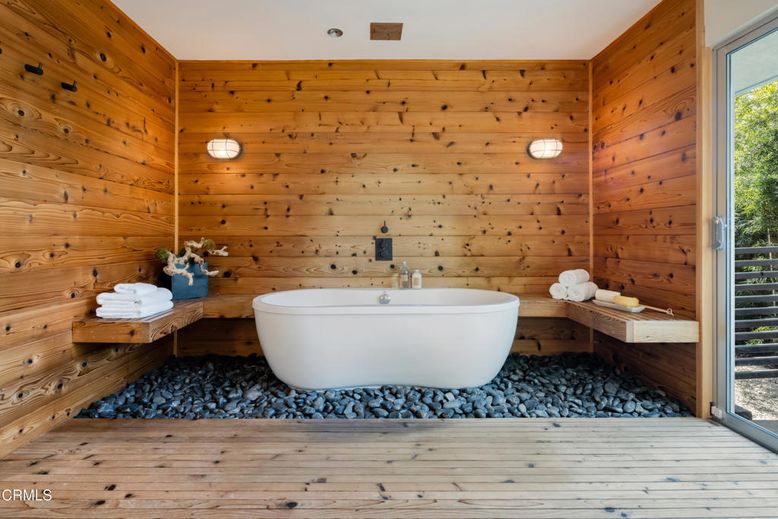 Bathroom, Free Standing Baths, Interior, Wood Texture Flooring, Wooden Walls